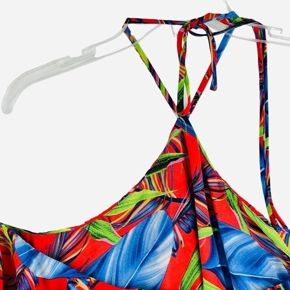 New-shop17 Two Pc Set Tropical Multi color, Ruffled Top Wide Leg Neck Tie Pants - Picture 10 of 16